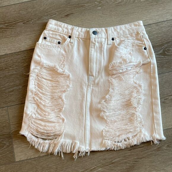 Carmar  Distressed Denim Mini Skirt Cream-Light Pink Size 26 - Picture 1 of 5